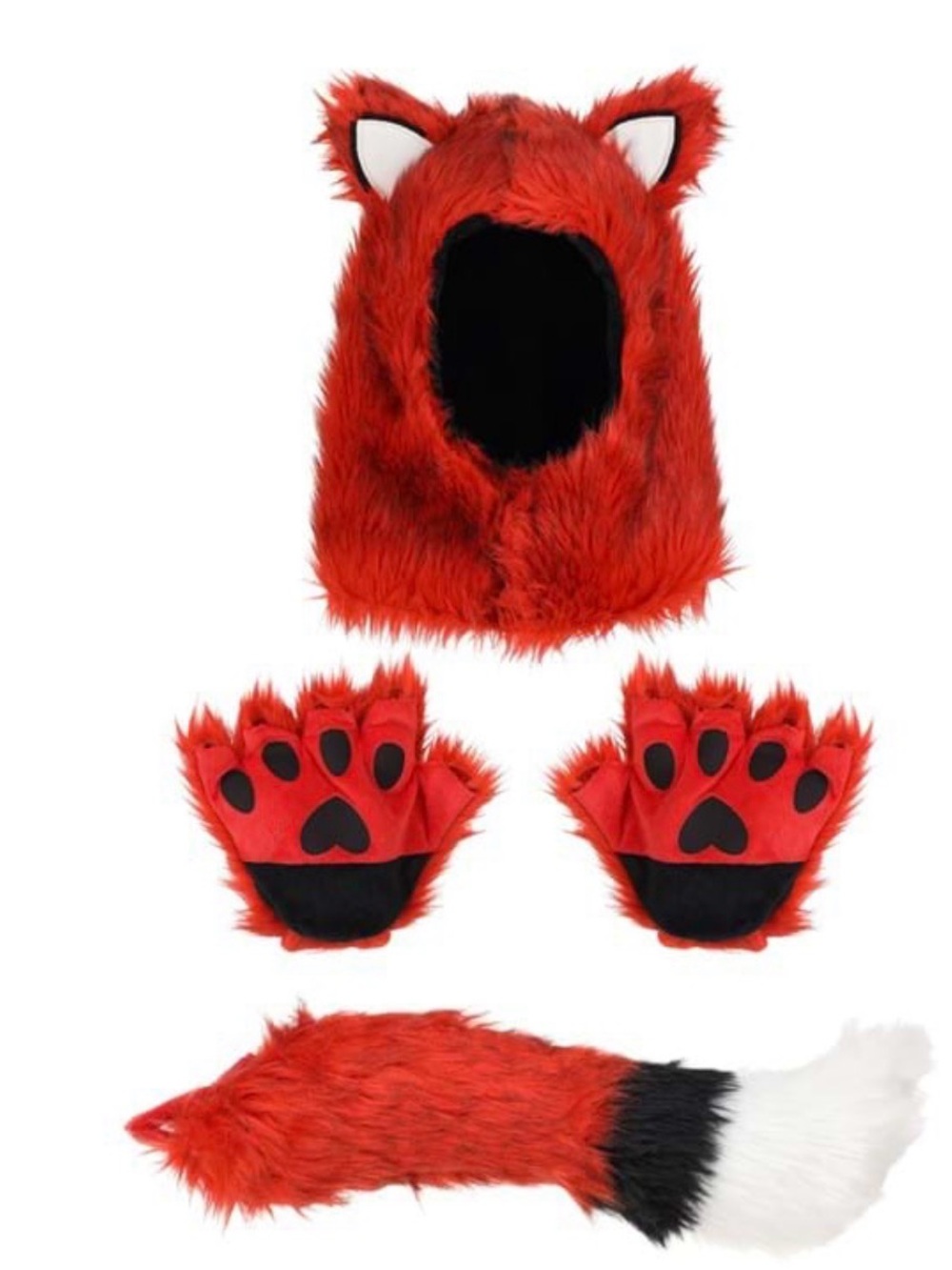 🦊 Red Fox Kids or Adults Costume Hood, Paw Gloves & Tail Set 🐾